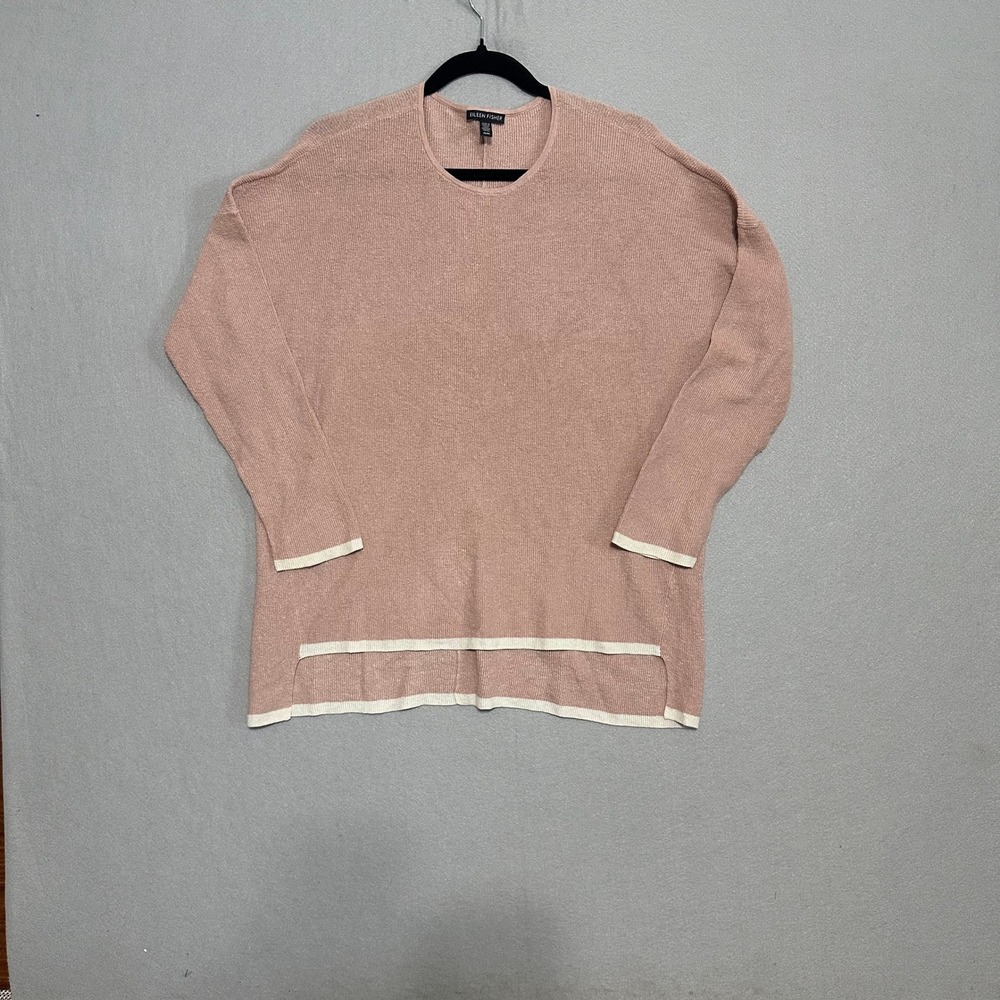 Eileen Fisher Womens Italian Yarn Ribbed Sweater Mauve Pink‎ Contrast Trim M
